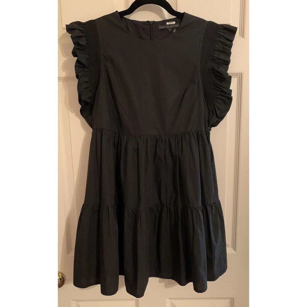 English Factory Womens Size Small Ruffled Babydoll Mini Dress Black Lined